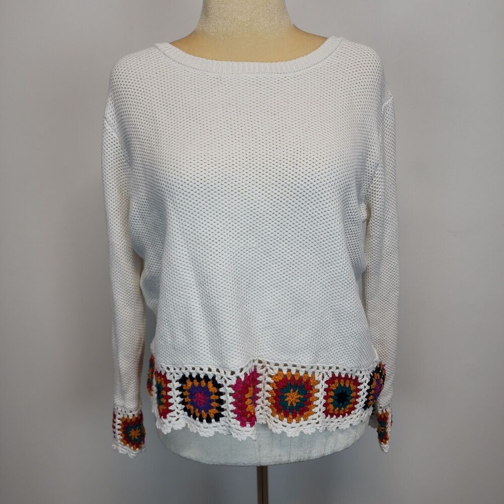 Joseph A. Womens Granny Square Crochet Trim Sweater Size XL White Pullover Knit